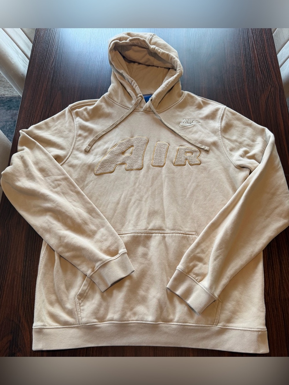 Nike Air Men’s Beige Tan Chenille Logo Fleece Pullover Hoodie Size L